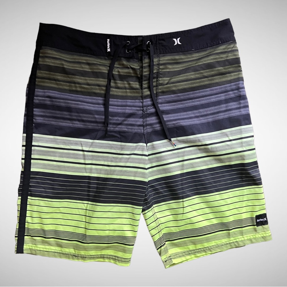 Hurley Striped Drawstring Gray Green Black Board Swim Shorts Surf Men Size 36.